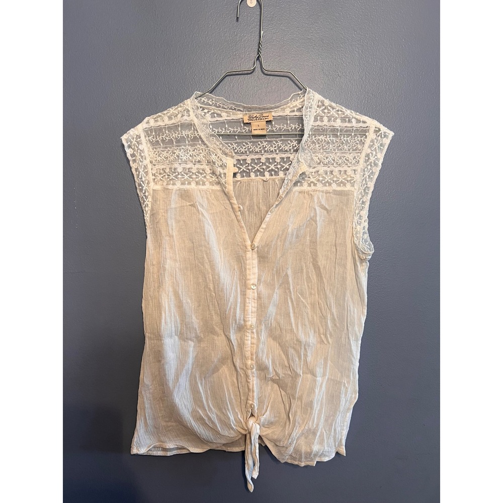 Lucky Brand White Sheer Lace Button Tie Knot Sleeveless Blouse Sz LG Boho Whimsy